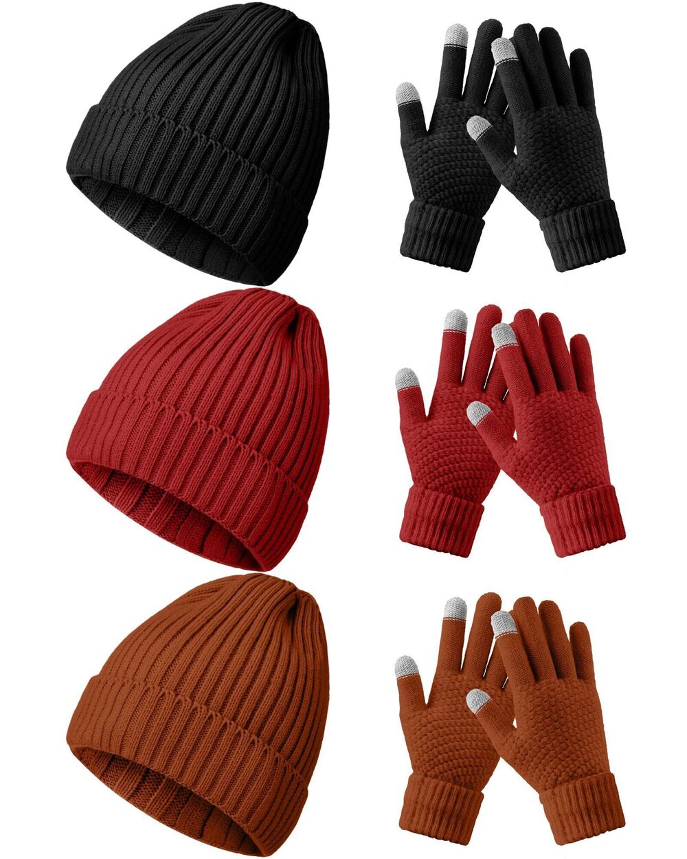 8095 6 Pieces Beanie Winter Hat Gloves Set, Thick Warm Knitted Skull Cap